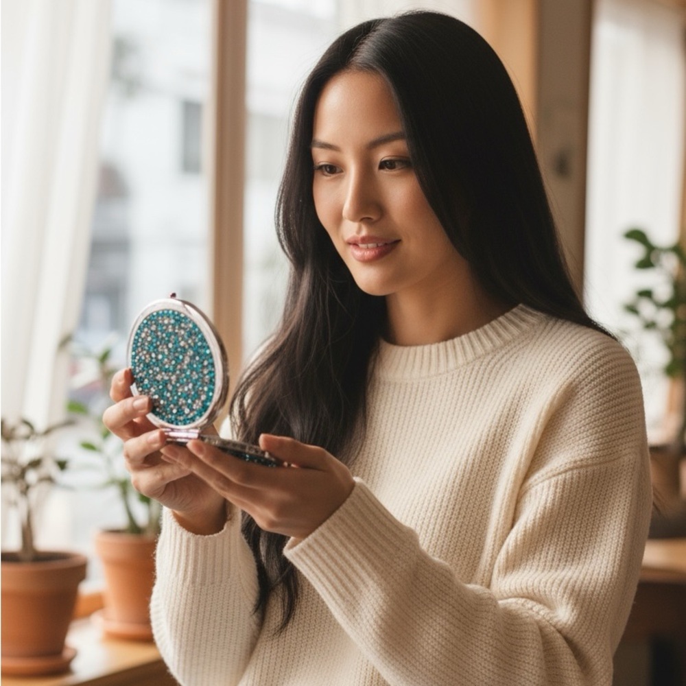 Elegant Blue Beaded Compact Mirror